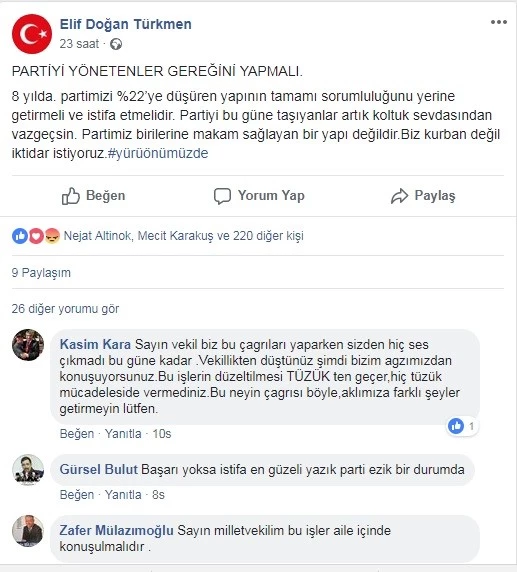 “PARTİYİ YÖNETENLER GEREĞİNİ YAPMALI”