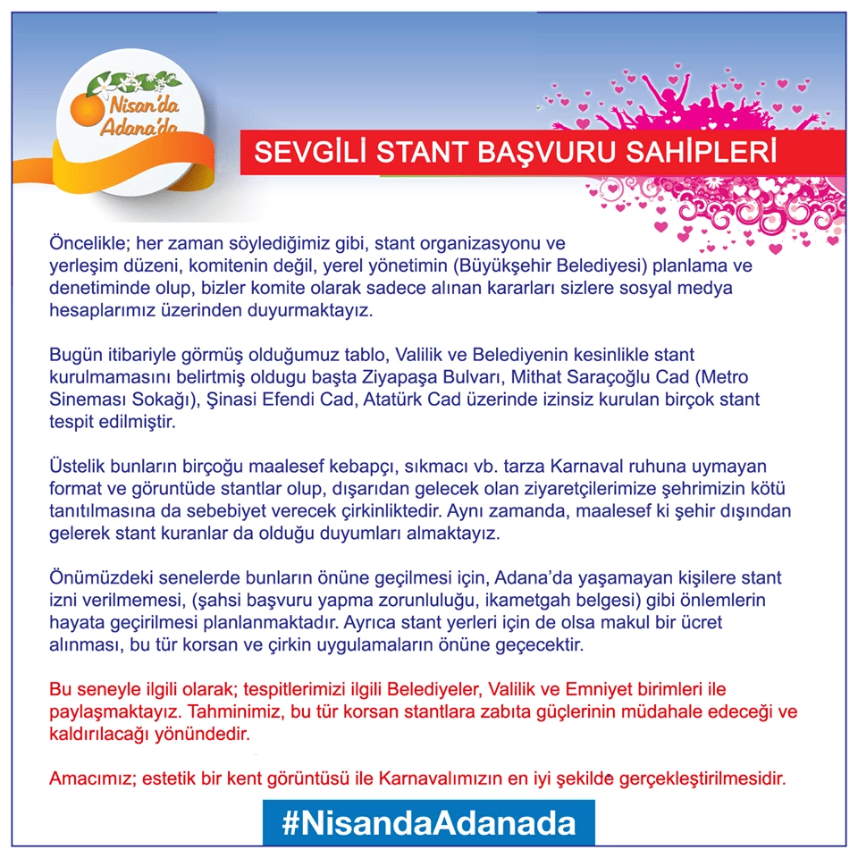 PORTAKAL ÇİÇEĞİ FESTİVAL KOMİTESİNDEN STANT UYARISI