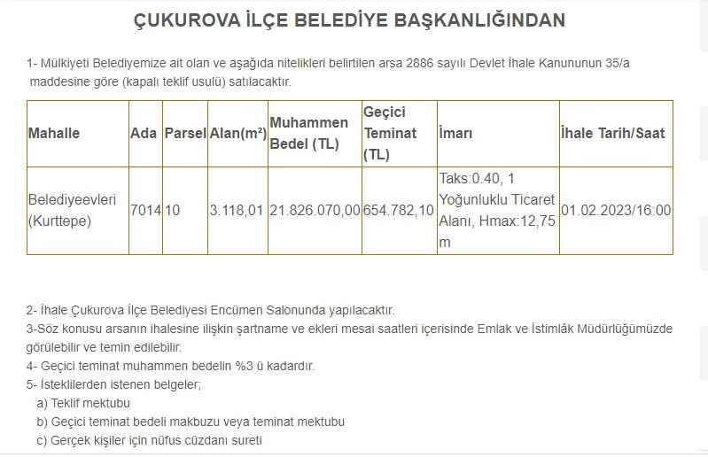 ÇUKUROVA BELEDİYESİ ARSASINI SATIŞA ÇIKARDI