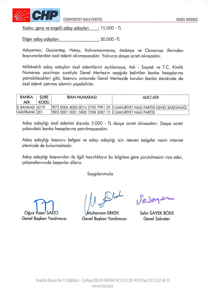 CHP’DE ADAY ADAYLARI 33 BİN LİRA ÖDEYECEK
