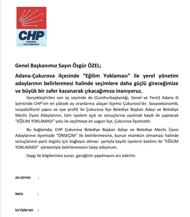 ADANA CHP’DE SEYHAN VE ÇUKUROVA ÖNSEÇİM İSTİYOR