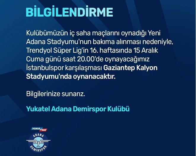 YENİ ADANA STADI BAKIMA ALINDI