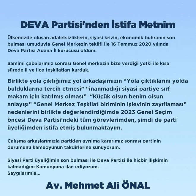 DEVA’DAN İSTİFA ETTİ